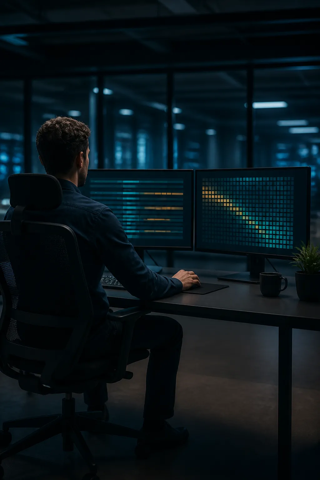 Data analyst reviewing AI citation audit results on dual monitors